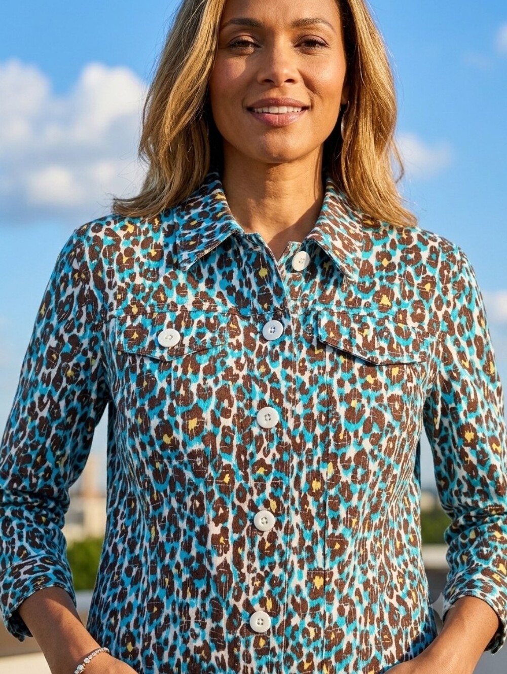 Ruby Rd. 16P Teal & Brown Leopard Print Button-Front Jacket. Linen blend. - Picture 1 of 16
